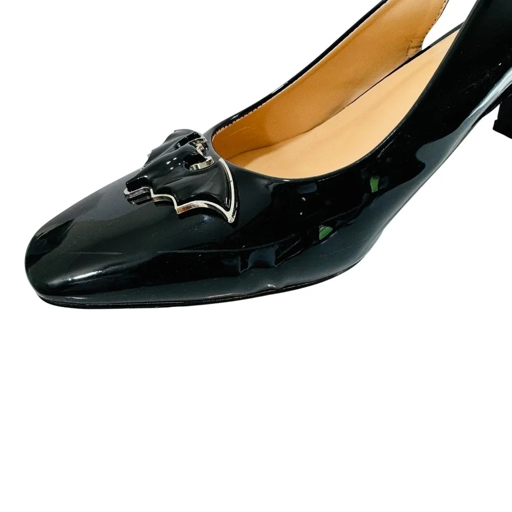 Bat Witchy Preppy Patent‎ Leather Slingback Square Toe Pumps 10 Block Heel Black